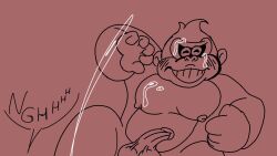 anthro blush blushing_male cum cum_on_chest cum_on_face donkey_kong donkey_kong_(series) ejaculation enterman gorilla human humanoid_genitalia humanoid_penis male_only mario mario_(series) monochrome nipples offscreen_human offscreen_male pecs pectorals smiling testicles text text_bubble