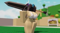 1girls 3d belly_button big_breasts black_face black_hair bottomless bra breasts cleavage combat_warriors crossroads_(roblox) dragonslayer_(sword) female female_only gabbers hand_on_hip holding_object holding_weapon long_hair melee_weapon mostly_nude nipple_bulge nipples no_panties outside pale_skin roblox roblox_avatar roblox_game solo solo_female standing sword thighs valkyrie_helm weapon white_bra