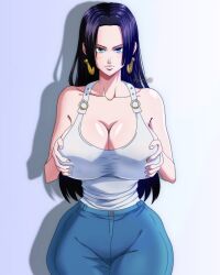 1girls absurdres alternate_costume artist_name bangs bare_shoulders big_breasts black_hair blue_eyes boa_hancock breast_grab breasts cleavage clothing collarbone curvy denim earrings eye_contact female female_focus female_only frown hips huge_breasts human jeans jewelry lips long_hair looking_at_viewer musaed_art one_piece pants parted_bangs pinup shirt sideboob simple_background sleeveless solo solo_female standing tank_top thick_thighs thighs voluptuous watermark wide_hips