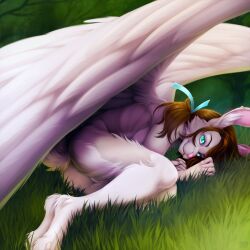 2022 5_fingers anthro blue_eyes breasts brown_hair digital_media_(artwork) feathered_wings feathers female fingers genitals grass hair hi_res lagomorph leporid looking_at_viewer mammal nude pink_nose plant pussy rabbit scut_tail short_tail solo sunnyowi wings