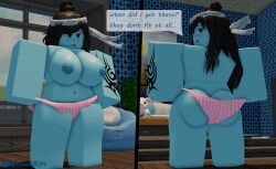 1girls 3d ass ass_cleavage back belly_button big_ass big_breasts black_eyes black_hair blue_nipples blue_skin bluerr34 breasts butt_crack dialogue english_text female female_only indoors long_hair looking_at_viewer looking_back looking_down mostly_nude original_character painting panties pink_panties plushie questioning roblox robloxian room seat shiram solo solo_female speech_bubble standing stomach striped_panties stripes tattoo tattooed_arm text thighs twitter_username window