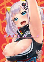 :d areolae armpits bangs blue_eyes blunt_bangs blush breasts cleavage cleavage_cutout clothing_cutout cover cover_page doujinshi doujinshi_cover eyebrows_visible_through_hair female female female_only female_solo hair_ornament high_resolution kaguya_luna kaguya_luna_official large_breasts looking_at_viewer nipples obi one_arm_up open-mouth_smile open_mouth puffy_areolae red_background sash silver_hair sleeveless smile solo the_moon_studio tied_hair twintails upper_body virtual_youtuber wafuku white_hair x_hair_ornament zanzi