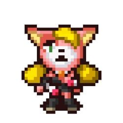 animated anthro black_suit blonde_hair bomberman bomberman_hero breast_grab feline green_eyes natia natia_(bomberman) pink_fur pixel_art transparent_background