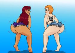 2girls aged_up ass ass_shake ben_10 big_ass booty_shorts bouncing_ass cartoon_network clothing crossover daisy_dukes dat_ass dc_comics denim_shorts fat_ass female female_only green_eyes gwen_tennyson long_hair looking_at_viewer looking_back moistcroissant orange_hair red_hair redhead short_hair short_shorts shorts simple_background starfire teen_titans text_on_clothing thick_thighs tongue tongue_out twerking