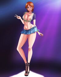 1girls big_breasts breasts female female_focus female_only going_commando high_heels huge_breasts microskirt miniskirt musaed_art nami no_bra no_panties one_piece orange_hair peace_sign short_hair skirt solo solo_female standing thick_thighs wide_hips