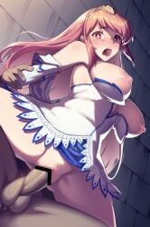 1boy arriet_(shingeki_no_bahamut) bangs blush breasts breasts_out clothed_female_nude_male clothed_sex dress elbow_gloves female gloves granblue_fantasy jonylaser large_breasts long_hair nipples nude open_mouth penis pussy red_eyes red_hair sex sex_from_behind shingeki_no_bahamut spread_legs straight tearing_up testicles thighs tiara vaginal_penetration white_dress white_gloves