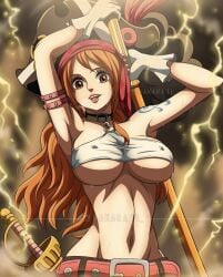 1girls belt big_breasts breasts brown_eyes choker clima-tact crop_top curvy curvy_figure dress electricity feathers female female_only frills gloves halterneck lightning logo long_hair muscles muscular_female nami navel nipple_bulge no_bra one_piece one_piece_film_red orange_hair pirate pirate_hat plume rakara11 short_skirt shoulder_tattoo skimpy skimpy_clothes skirt slim slim_waist solo sword tattoo teeth tricorne tricorne_hat underboob