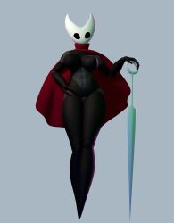 3_fingers 3d_(artwork) abs absurd_res anthro arthropod ass big_breasts black_body breasts cloak cloak_only clothed clothing dark_body digital_media_(artwork) female fingers full-length_portrait hi_res holding_object holding_weapon hollow_knight hornet_(hollow_knight) huge_breasts looking_at_viewer mostly_nude nude portrait red_cloak red_clothing simple_background simple_eyes solo standing team_cherry thick_thighs video_games weapon wide_hips xionxiii