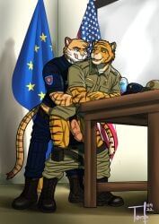 anal anthro axel_zeeland boots border_patrol clothed clothing duo erection european_union felid flag footwear genitals male male/male mammal officer pantherine penetration penis police_uniform senko sex shirt standing standing_sex tiger topwear torrosketch uniform united_states_of_america vest