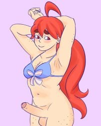 armpit_stubble armpits arms_up balls bottomless bra celeste_(game) chubby dickgirl erect_penis erection foreskin freckles futanari gynomorph intersex madeline_(celeste) mostly_nude orange_hair penis red_hair simple_background solo standing trans_woman transfem transgender_pride_colors uncircumcised uncut very_long_hair