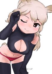 adjusting_hair animal_ears arched_back ass black_elbow_gloves black_legwear black_stockings blonde_hair breasts cleavage cleavage_cutout clothing clothing_cutout elbow_gloves female female female_only female_solo gloves happy high_resolution kemono_friends large_breasts legwear masuyama_ryou navel one_eye_closed open-chest_sweater pantsu posterior_cleavage red_panties red_underwear rhinoceros_ears rhinoceros_tail smile solo stockings sweater underwear white_rhinoceros_(kemono_friends)