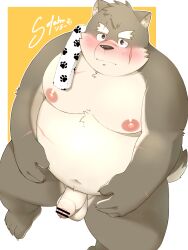 absurd_res anthro balls belly brown_body brown_fur canid canine canis censored domestic_dog eyebrows foreskin fur genitals half-erect hi_res lifewonders looking_at_viewer male male_only mammal moobs moritaka navel nipples nude overweight penis scar solar_(pixiv) solo thick_eyebrows tokyo_afterschool_summoners towel video_games