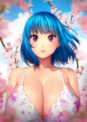 1girls bangs bare_shoulders blowing_wind blue_eyebrows blue_hair blue_sky blunt_bangs bra branch breasts cherry_blossoms cleavage close-up cloud cloudy_sky collarbone day daytime enormous_breasts errorkazoo eyebrows_visible_through_hair eyelashes floral_print glossy_lips hair_blowing hair_strand hi_res high_resolution highres huge_breasts lips makeup massive_breasts original original_character outdoors parted_lips petals plant red_eyes rina_atherina rina_atherina_(errorkazoo) shiny shiny_eyes shiny_hair shiny_lips shiny_skin single_female single_girl sky top_heavy_breasts twitter twitter_username up_close upper_body voluptuous white_bra wind