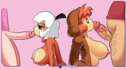 2022 2boys 2girls absurd_res antenna_hair artist_name big_penis black_eyes body_hair bottomless breasts brown_clothing brown_hair brown_sweater cleavage cleavage_cutout clothing costume_switch crossover female female_focus glans goomba goomba_girl hairy_legs highres hoodie kirby kirby_(series) kirby_boy kissing kissing_penis large_breasts leaning_forward male mario mario_(series) minus8 multiple_boys multiple_girls nintendo nipple_slip nipples open_clothes open_hoodie penis penis_kiss pink_background pink_sweater pubic_hair red_shirt shirt short_hair side_view sideboob signature simple_background surprised sweater swingers testicles thighs turtleneck turtleneck_sweater twitter_username vein veiny_penis waddle_dee watermark white_hair wide_eyed