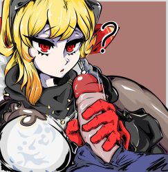 1boy 1girls ? blonde_hair breasts caloart30 female_focus fully_clothed gloved_handjob gloves handjob hololive hololive_indonesia hololive_indonesia_holoh3ro kaela_kovalskia large_breasts male/female red_eyes virtual_youtuber