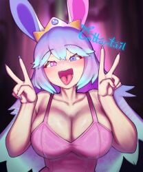 1girls ahe_gao ahegao big_breasts breasts bunny_ears bunny_girl busty cleavage cottontail_(vtuber) crown double_v eye_contact female female_focus female_only front_view heterochromia indie_virtual_youtuber large_breasts light-skinned_female light_skin looking_at_viewer minkye multicolored_hair multicolored_nail_polish nail_polish open_mouth original original_character painted_nails peace_sign solo solo_female solo_focus tagme tongue tongue_out two_tone_hair v v_sign virtual_youtuber