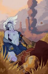 applesauce_jack awoken blue_skin breasts bungie closed_eyes cowgirl_position destiny_(game) facepaint guardian_(destiny) handholding hunter_(destiny) original_characters outdoors partially_clothed pierced_nipples sex small_breasts warlock_(destiny) white_hair