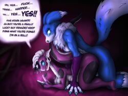 anthro anthro_only blue_fur bulge comic digimon dragon fox male/female miah_(slimescumbag) n0b0dy piercing purple_skin renamon renazie_(n0b0dy) slime straight text