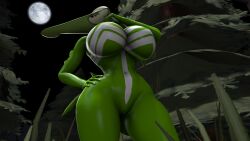 16:9 2021 3d_(artwork) anthro big_breasts breasts digital_media_(artwork) featureless_breasts female genitals grass green_body half-closed_eyes hand_on_hip hi_res legendary_pokemon looking_down low-angle_view moon narrowed_eyes nintendo no_nipples plant pokémon_(species) pokemon pokemon_(species) pokesymbiote pussy red_eyes solo symbiote tree video_games virizion widescreen