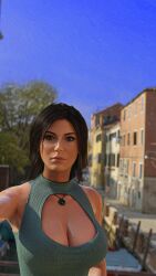 1girls 3d alternate_hairstyle black_eyes black_hair british brown_eyes brown_hair cleavage embracer_group european female female_focus female_only happy human italy lara_croft lara_croft_(survivor) large_breasts long_hair moonnoon neckwear nose_piercing outdoor outside petite public selfie shiny shiny_breasts shiny_skin solo solo_female sweat sweatdrop sweating tagme tomb_raider tomb_raider_(survivor) venice_(italy)