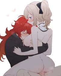 1boy 1girls 2022 ass back black_clothing blonde_hair blue_eyes blush bow breasts censored closed_eyes clothed clothed_male_nude_female clothing detached_collar diluc_(genshin_impact) female genshin_impact hair_ribbon heart hug hugging jean_gunnhildr large_breasts long_hair long_ponytail male moaning open_mouth penis ponytail pussy pussy_juice pussy_juice_drip red_hair ribbon sbs sex sideboob simple_background sitting sitting_on_lap sitting_on_person sweat testicles thighs tied_hair upright_straddle vaginal_penetration white_background