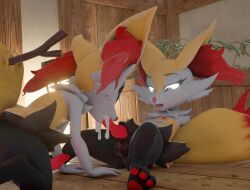 3d 3d_(artwork) animal_genitalia animal_penis anthro blender_(software) bodily_fluids braixen canine_penis chest_fur cum cum_in_mouth cum_inside digital_media_(artwork) duo femboy floor_sex genital_fluids genitals hi_res inner_ear_fluff kneeling knot male male/male nintendo oral penis pokémon_(species) pokemon pokemon_(species) sneakyphox tongue tongue_out tuft video_games