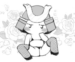 1other 2021 ambiguous_gender armor bikini blush embarrassed fishnet_legwear fishnets flat_chest flora_fauna flower full_body genshin_impact greyscale helmet high_heels kabuto_(helmet) micro_bikini monochrome mouthless no_mouth petals samurai sbs seductive shiki_taishou spread_legs swimsuit thighhighs thighs what