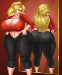 1girls admiring_self ass_bigger_than_body ass_bigger_than_breasts ass_bigger_than_head big_ass big_breasts big_butt big_hair bimbo bimbofied black_yoga_pants blonde_hair breasts_bigger_than_body breasts_bigger_than_head breasts_bigger_than_torso busty curvy eyes female female_only hair huge_ass huge_breasts hyper_ass hyper_bimbo hyper_breasts looking_at_mirror mirror nipple_bulge nipples nipples_visible_through_clothing pawg reflection satisfied saturnxart thick_lips thick_thighs venus_body voluptuous wide_hips yoga_pants