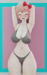 3d big_breasts blue_eyes blush bra clothed doki_doki_literature_club hahafunny_ happy just_sayori narrow_shoulders orange_hair panties red_bow sayori_(doki_doki_literature_club) thick_thighs thin_arms thin_waist wide_hips