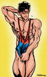 abs big_biceps big_pecs bottomless covering_crotch dc dc_comics embarrassed embarrassing hand_behind_head jon-el jonathan_kent justthemeat/meat2go male male_only muscles muscular muscular_male superboy superboy_(jonathan_kent) superman_(series) tank_top teen_boy thick_thighs