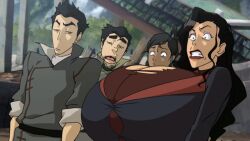 2boys 2girls asami_sato avatar_legends big_breasts bolin breast_expansion breasts cleavage clothing edit female female_focus gigantic_breasts huge_breasts korra large_breasts mako male screenshot screenshot_edit smooth_skin staring the_avatar the_legend_of_korra torn_clothes water_tribe woot