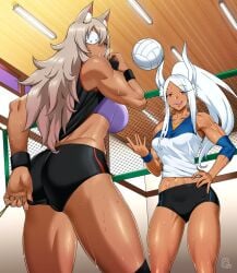 2girls abs big_breasts clothed clothed_female clothes clothing crossover dark-skinned_female dark_skin female female_only fully_clothed ghislaine_dedoldia looking_at_viewer looking_back miruko multiple_girls muscle_girl muscles mushoku_tensei my_hero_academia net red_eyes rumi_usagiyama sairam_gutierrez steam steamy_breath sweat uniform volleyball volleyball_uniform white_hair