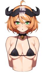 :o ahoge arknights bangs bare_shoulders bell bikini black_bikini black_choker blush breasts choker collarbone commentary_request covered_nipples croissant_(arknights) cropped_torso eyebrows_visible_through_hair female female green_eyes hair_between_eyes hanenosaki highres horns large_breasts looking_at_viewer neck_bell orange_hair parted_lips short_hair simple_background solo stomach swimsuit translation_request upper_body visor_cap white_background