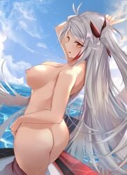 :q absurdres antenna_hair arm_behind_head arm_up ass azur_lane bangs bare_shoulders blue_sky blush breasts brown_eyes cloud cloudy_sky collarbone cowboy_shot day eyebrows_visible_through_hair female floating_hair from_behind hair_between_eyes hand_on_hip highres large_breasts long_hair looking_at_viewer looking_back mujinbi multicolored_hair nipples nude ocean outdoors prinz_eugen_(azur_lane) red_hair sidelocks silver_hair sky smile solo standing streaked_hair swept_bangs thighs tongue tongue_out two_side_up very_long_hair water