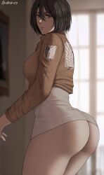 1girls asian ass attack_on_titan big_ass big_butt black_eyes black_hair butt curvy curvy_figure dat_ass fat_ass female female_only fringe hi_res highres jacket large_ass long_sleeves looking_at_viewer looking_back medium_hair mikasa_ackerman pale-skinned_female petite savagexthicc shingeki_no_kyojin short_hair skirt_lift sole_female solo thick thick_ass thick_thighs voluptuous