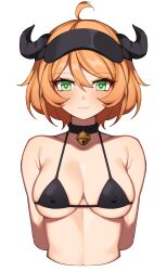 ahoge arknights bangs bare_shoulders bell bikini black_bikini black_choker blush breasts choker collarbone commentary_request covered_nipples croissant_(arknights) cropped_torso eyebrows_visible_through_hair female female green_eyes hair_between_eyes hanenosaki highres horns large_breasts looking_at_viewer neck_bell orange_hair short_hair simple_background smile solo stomach swimsuit upper_body visor_cap white_background