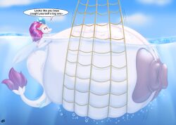 09hankris 2019 absurd_res areola big_breasts blues64 breasts bubble dialogue english_text female fish hi_res huge_breasts hyper hyper_breasts marine my_little_pony my_little_pony:_the_movie_(2017) my_little_pony_the_movie nipples outside partially_submerged partially_underwater_shot queen_novo_(mlp) seahorse side_view solo syngnathid syngnathiform text underwater water