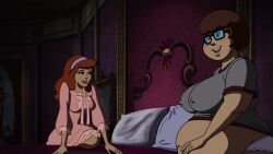 2girls bbw belly big_belly daphne_blake edit erect_nipples fat female nipple_bulge obese overweight pregnant scooby-doo screenshot screenshot_edit underwear velma_dinkley woot yuri