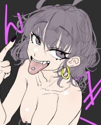 1girls akane_(mattsuu) akane_(まっつー) earrings grey_eyes ijnacrj mattsuu middle_finger nipple_rings nude only_female original piercings solo tagme tongue_piercing topless まっつー