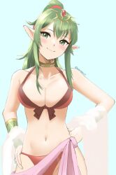 alternate_costume bikini blue_background blush bracelet breasts choker female fire_emblem fire_emblem_awakening fire_emblem_heroes front-tie_bikini front-tie_top green_eyes green_hair hands_on_hips jewelry navel official_alternate_costume pointy_ears ponytail red_bikini skeptycally smile solo swimsuit symbol-only_commentary tiki_(adult)_(fire_emblem) tiki_(adult)_(summer)_(fire_emblem) tiki_(fire_emblem) twitter_username