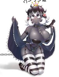 black_skin breasts carla_(gfgfh80418) chain_chomp chains chompette crown garter_straps mario_(series) new_super_mario_bros._u_deluxe non-english_text on_knees sharp_teeth striped_legwear thighhighs white_background