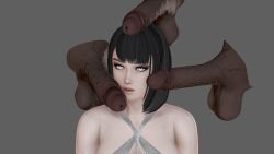 1girls 3boys 3d bimbo blowbang dark-skinned_male dark_skin honey_select ihateasuka looking_at_viewer makeup open_mouth original_character pale-skinned_female pale_skin shoulder_length_hair simple_background studio_neo surrounded_by_penises thick_eyebrows white_eyes