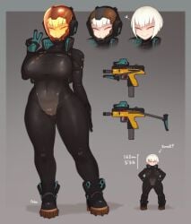 1girls big_breasts bodysuit breasts character_sheet eyes_mostly_closed female female_only gun hi_res justrube looking_at_viewer mac mac_11 original original_character pink_eyes rube smiling smiling_at_viewer solo solo_female space_helmet spacesuit submachine_gun thick_thighs v_sign weapon white_hair