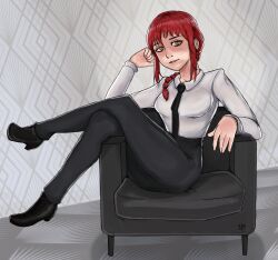 chainsaw_man clothed female heels high_heels laying_on_couch makima_(chainsaw_man) office_clothing red_hair sfp479 suit_and_tie white_shirt yellow_eyes