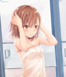 1girls 2020 after_bath bangs bathroom blush bob_cut breasts brown_eyes brown_hair cleavage door eyebrows_visible_through_hair hair_between_eyes hands_on_own_head hi_res kaoruloverxe22 looking_ahead misaka_mikoto naked_towel parted_lips short_hair small_breasts solo solo_female teenage_girl teenager to_aru_kagaku_no_railgun to_aru_majutsu_no_index towel twitter_username upper_body water_drop wet white_towel young