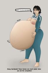 1girls asian belly belly_button big_belly big_breasts black_hair breasts clothing english_text female hand_on_belly huge_belly kang_sae-byeok korean korean_text large_breasts nipples same_size_vore squid_game stomach_noises stretch_marks stuffedbellygirl93 vore