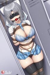 ball_gag beltskirt blindfold bondage crotch_rope female_focus female_only gag grey_hair hairbow hands_behind_back legs_tied legs_together light_blue_bra panties plusout school_uniform senran_kagura shirt_open thighhighs tie_between_breasts yumi_(senran_kagura)