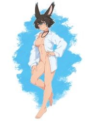 animal_ears bangs barefoot black_hair blue_eyes blue_hair bottomless bunny_ears collarbone colored_tips commentary dress_shirt english_commentary eyebrows_visible_through_hair female female full_body hair_between_eyes hand_on_hip hand_on_own_thigh highres looking_at_viewer multicolored_hair naked_shirt open_clothes open_shirt original outline rabbit_ears rob_ishi shirt simple_background smile solo tracie_(rob_ishi) two-tone_hair white_outline white_shirt