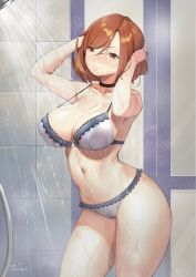 1girls arms_behind_head bath bathroom big_breasts bikini breasts brown_eyes brown_hair busty cleavage female female_only highres large_breasts legs looking_at_viewer lulu-chan92 navel original short_hair showering smile solo swimsuit thick_thighs thighs voluptuous wet