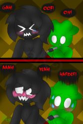 [redacted]_(jackbox) alannaartroid animate_inanimate bending_over black_hair black_skin blush comic green_hat green_skin heavy_blush jack-o'-lantern jackbox_games male masochism masochist masochistic masochistic_female pain panic red_briefs red_text shadow sheriff shirtless signature smile sweat tattoo tattoo_artist tattoo_machine tattooing tears the_jackbox_party_pack_6 the_sheriff_(jackbox) tongue_out trivia_murder_party_(series) trivia_murder_party_2 voodoo_doll watermark white_eyes